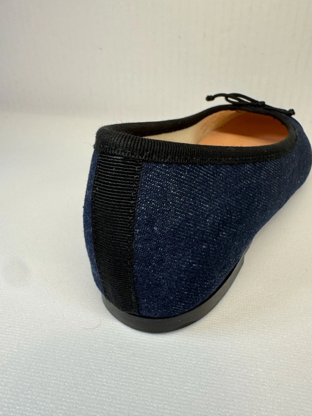 J.Crew Denim Ballet Flats Black Leather Cap Toe Bow Shoes Women's Size 9